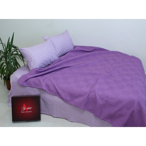 Летний комплект постельного белья Tag Tekstil хлопок с простынью-покрывалом пике 160x235 см клетка Сиреневый (NP-15)