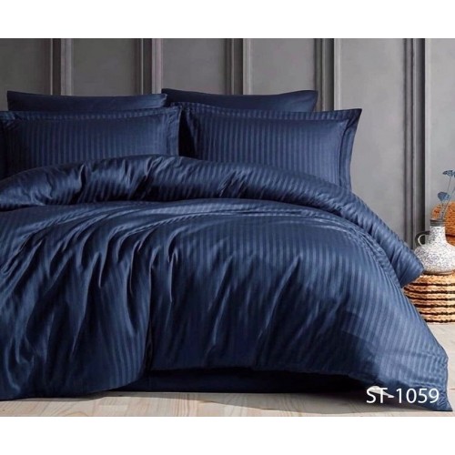 Комплект постельного белья Tag Tekstil страйп сатин 100% хлопок синий евро (LUXURY ST-1059)